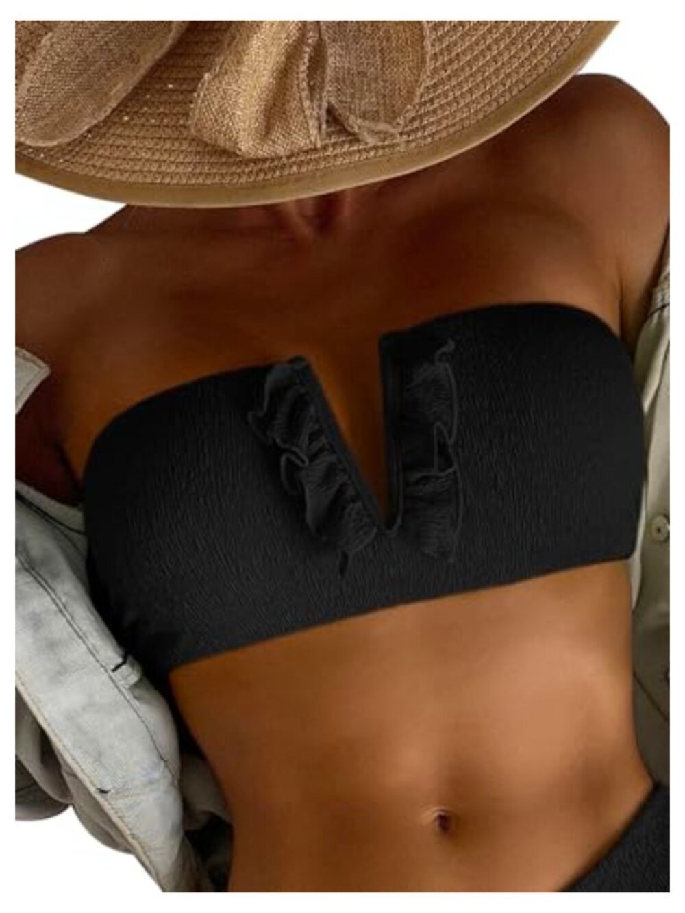 Women's Strapless Ruffle Bandeau Bikini Top Drawstring Adjustable High Stretch